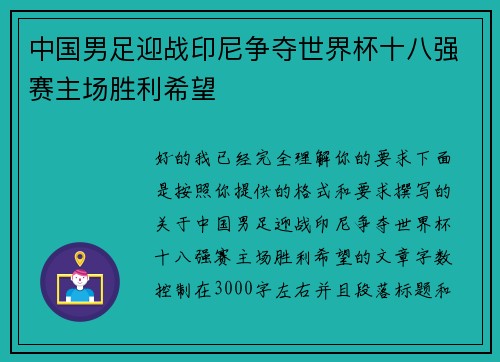 中国男足迎战印尼争夺世界杯十八强赛主场胜利希望