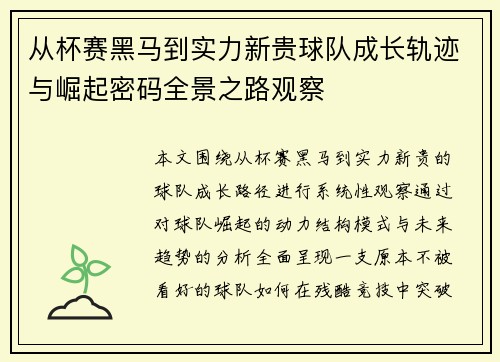 从杯赛黑马到实力新贵球队成长轨迹与崛起密码全景之路观察