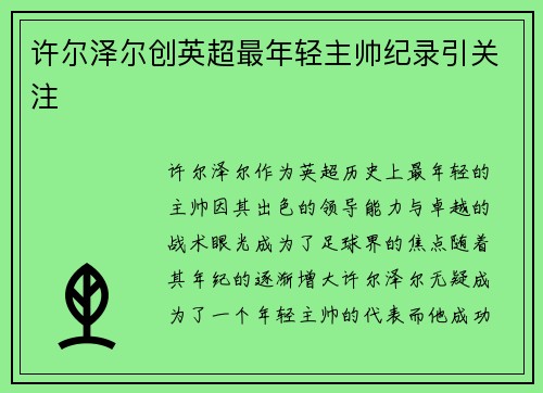 许尔泽尔创英超最年轻主帅纪录引关注 许尔泽尔创英超最年轻主帅纪录引关注